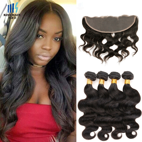 4 Bundles With 4x13 Frontal Brown Black Brazilian Peruvian Indian Virgin Human Hair Body Wave Ear to Ear Lace Frontal Closure with Bundle