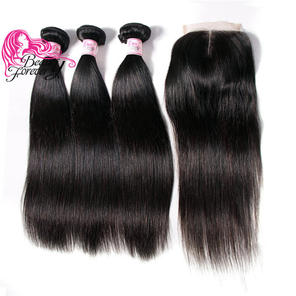 Beauty Forever Peruvian Straight Hair Weaves with Top Lace Closure Unprocessed Virgin Hair 3 Bundles with 4*4 Closure Human Hair Extensions