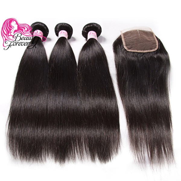 Beauty Forever Indian Silk Straight Hair Weave 3 Bundles with Closure 8A Top Human Hair Extension Hair Bundles With Lace Closure Wholesale