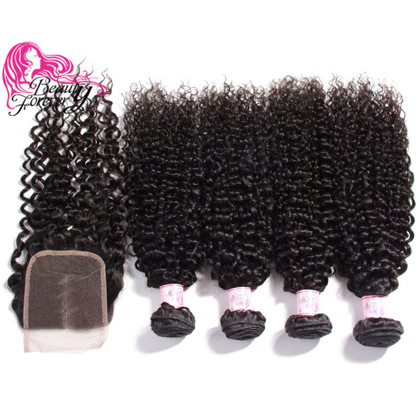 Beauty Forever 8A Curly Peruvian Human Hair 4 Bundles with Closure Middle Part Lace Closure 100% Virgin Hair Weave Bundles Hair Extensions