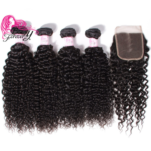 Beauty Forever Curly Brazilian Virgin Human Hair 4 Bundles with Lace Closure Middle Part Unprocessed Hair Weave Bundles Hair Extensions 8A