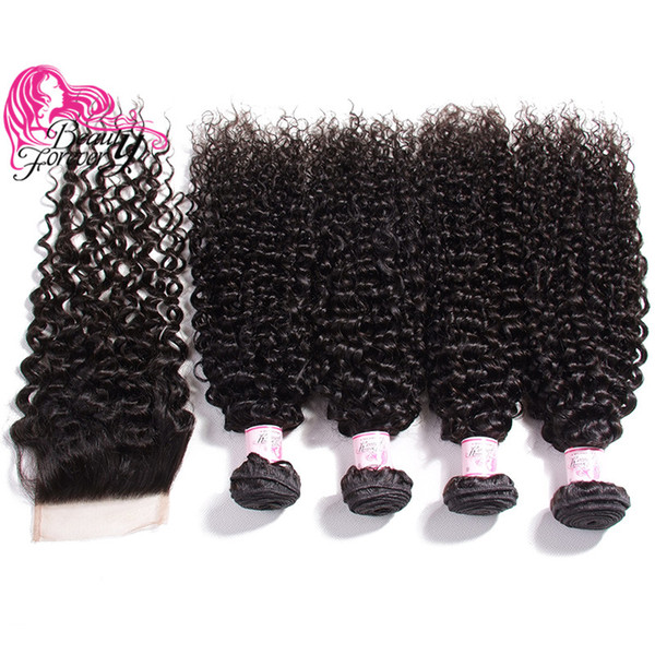 Beauty Forever Curly Peruvian Human Hair 4 Bundles With Lace Closure 8A Virgin Hair Weave With 4*4 Closure Free Part Human Hair Extension