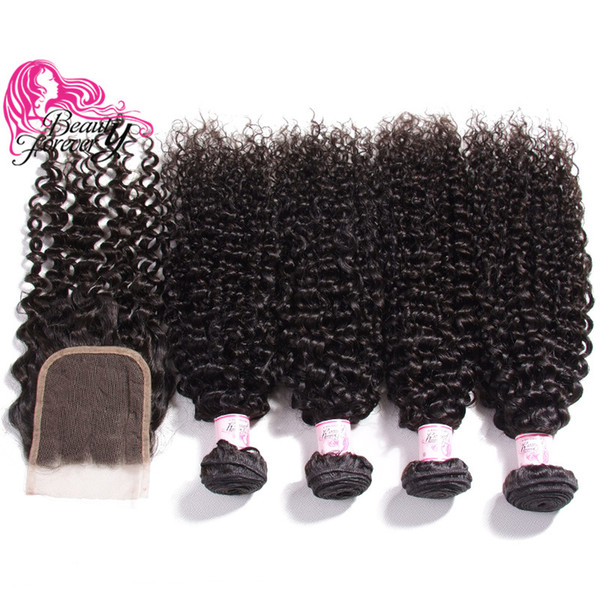 Beauty Forever Brazilian Hair Curly 4 Bundles with Closure Three Part Swiss Lace 4*4 Closure Human Hair Weave Closure With Bundles Extension