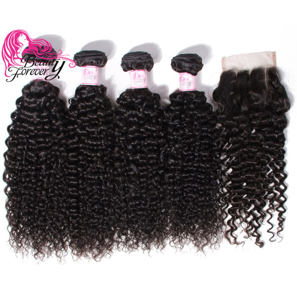 Beauty Forever Curly Peruvian Hair Extensions 4 Bundles with Closure Three Part Swiss Lace Closure Human Hair Wefts With Closure Virgin Hair