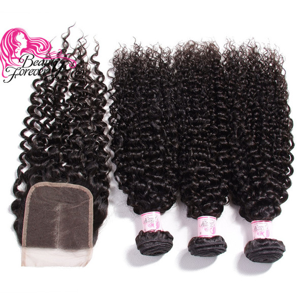 Brazilian Curly Wave 3 Bundles With Lace Closure Free Part Hair Weave Bundles Virgin Human Hair Three Middle Part Weaves With Closure Hot