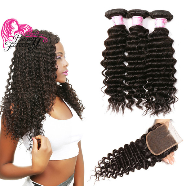 Beauty Forever Virgin Deep Wave Peruvian Human Hair 3 Bundles With Closure Free Part 8A Human Hair Weaves With 4*4 Lace Closure Wholesale