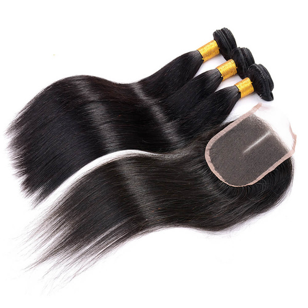 Brazilian Straight Human Hair Weaves Extensions 3 Bundles With 4x4 Lace Closure Unprocessed Remy Human Hair Weave