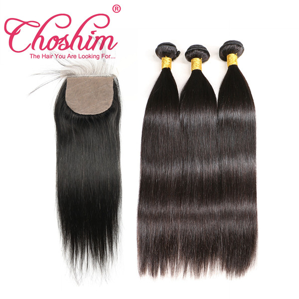 Choshim Straight Bundles With Silk Base Closure Brazilian Human Hair Weave Bundles With Closures Remy hair