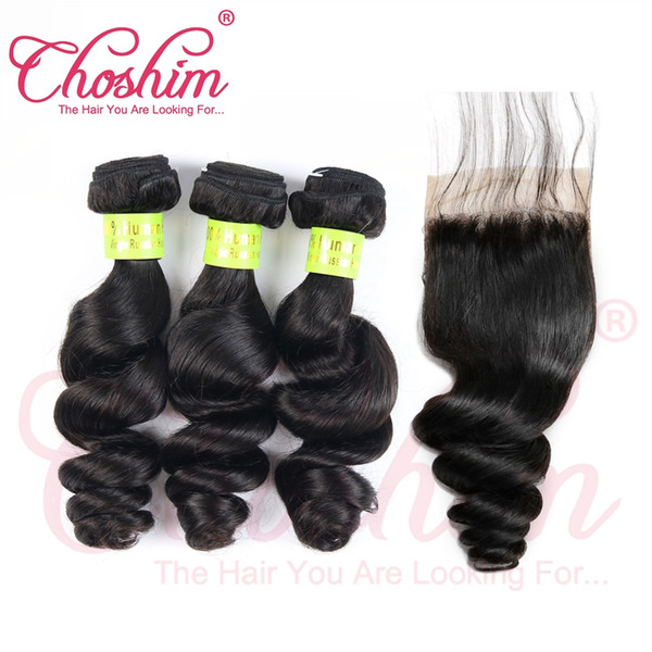 Choshim Silk Base Closure With Bundles Peruvian Loose Wave Silk Top Lace Closure Remy Human Hair Weave 5pcs lot