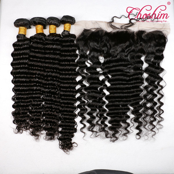 Choshim Ear To Ear 13x4 Lace Frontal Closures With 3/4 Bundles Brazilian Peruvian Indian Malaysian Deep Wave Curly Remy Human Hair Weaves