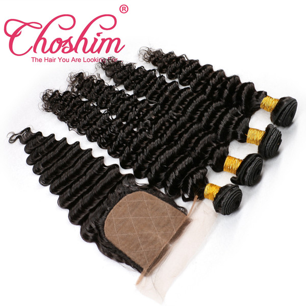 Choshim Brazilian Deep Wave Human Hair Bundles With Closure 3/4 Pcs Hair Weave Add Silk Base Closure Baby Remy hair