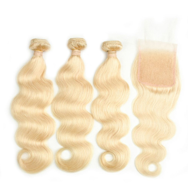 Pre-Colored Malaysian Body Wave Hair 3 Bundles With Closure 613# Blonde Color Hair Human Hair With 4x4 Closure King Rose Queen