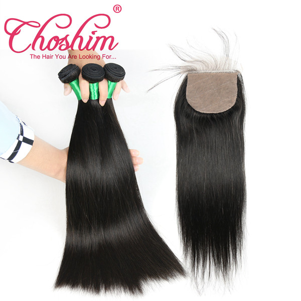 Choshim Straight Bundles With Silk Base Closure Brazilian Human Hair Weave Bundles With Closures Remy hair