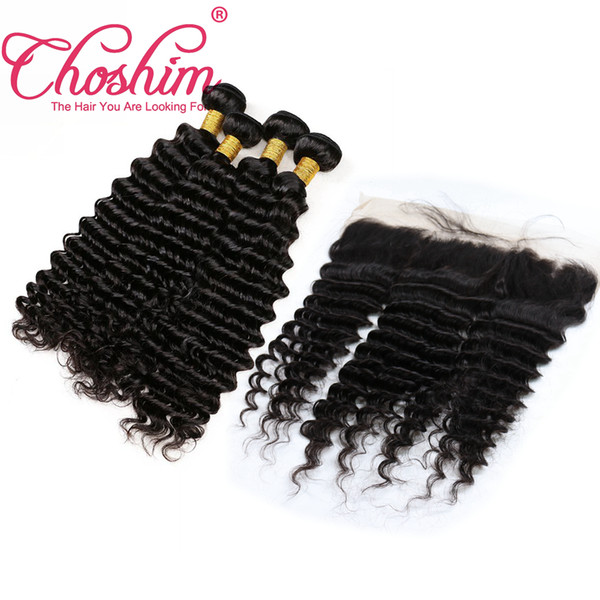 Choshim Ear To Ear 13x4 Lace Frontal Closures With 3/4 Bundles Brazilian Peruvian Indian Malaysian Deep Wave Curly Remy Human Hair Weaves