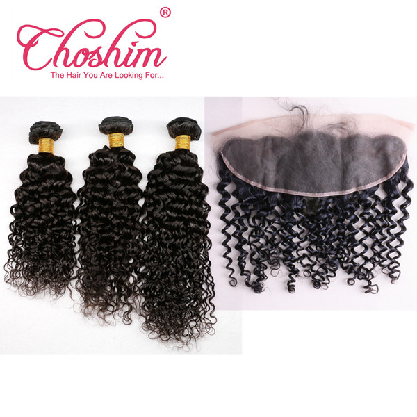 Choshim Brazilian Curly Virgin Human Hair 13*4 Ear to Ear Lace Frontal With 3 Bundles Unprocessed Brazilian Deep Curly Hair With Frontal