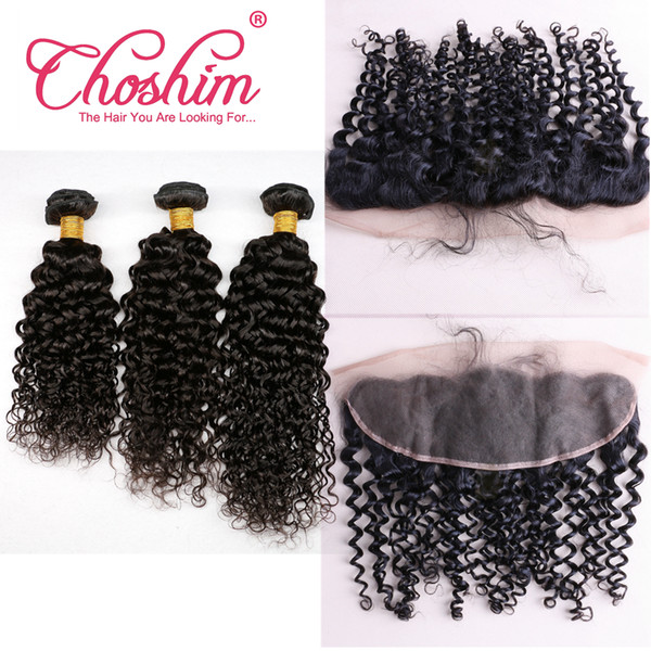 Choshim Brazilian Curly Virgin Human Hair 13*4 Ear to Ear Lace Frontal With 3 Bundles Unprocessed Brazilian Deep Curly Hair With Frontal