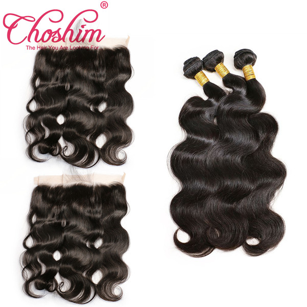 Malaysian Brazilian Virgin Hair 13x4 Full Frontal Lace Closures and Hair Peruvian Lace Frontal Bleached Knots Body wave with 3 Bundles Hair