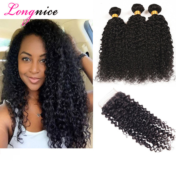 Gaga Queen 7A Grade Human Hair Weaves Bundles with Closure Mongolian Curly Brazilian Malaysian Virgin Hair Curly Remy Hair with Lace Closure