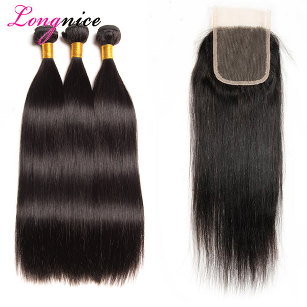 Longnice Brazilian Straight Hair 3 Bundles with Lace Closure Free Three Part Natural Brown Peruvian Indian Malaysian Virgin Human Hair Weave