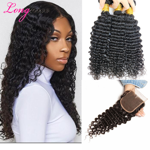 Lace Closure With Brazilian Hair 3 Bundles Deep Wave Human Hair Weave Unprocessed Indian Malaysian Peruvian Mongolian Hair Extensions