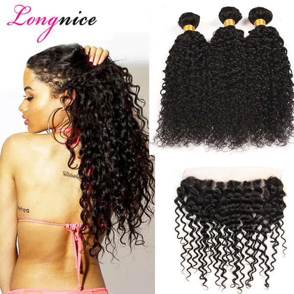 13x4 Malaysian Curly Hair Lace Frontal Closure With Bundles 8A Virgin Hair Wet and Wavy With Full Lace Frontal Cheap Human Hair Weaves