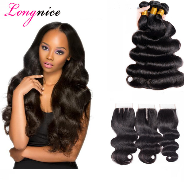 7A Brazilian Hair Bundles With Closure 10-26 DoubleWeft Human Hair Extensions Dyeable Hair Weaves Closure Malaysian Straight Body Wave Wavy