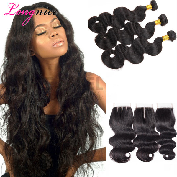 8A Brazilian Virgin Hair With Closure Extensions 3 Bundles Brazilian Body Wave Hair With 4x4 Lace Closure Unprocessed Remy Human Hair Weave