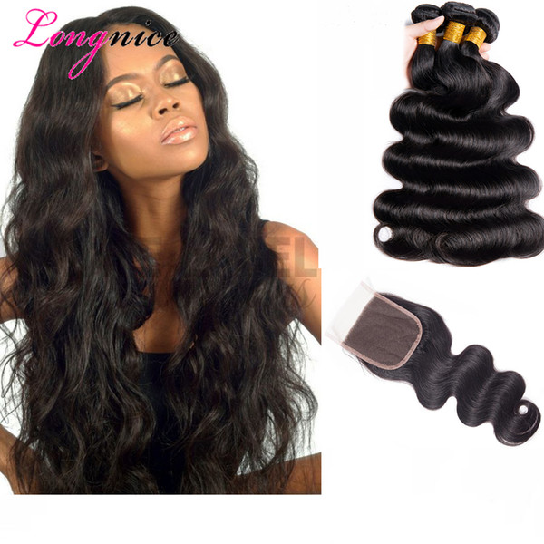 8A Brazilian Virgin Hair With Closure Extensions 3 Bundles Brazilian Body Wave Hair With 4x4 Lace Closure Body Wave Straigh Human Hair Weave