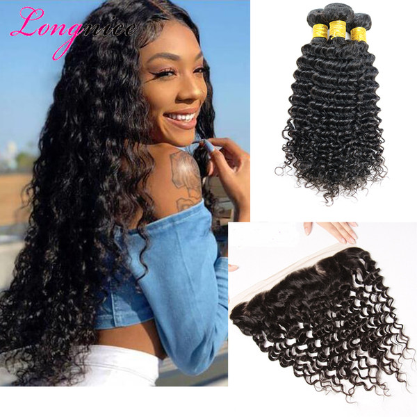 Human Hair Extensions Weft Malaysian Deep Wave Curly 3 Bundles With 13X4 Lace Frontal Hair Weaves Hair Bundles With Frontal 4 Pieces/lot