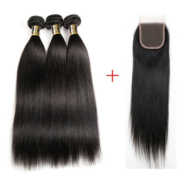 Brazilian Virgin Hair Straight with lace Closure4Pcs Ear to Ear Lace Closure straight Virgin Hair 4x4 Closure With Bundles Deals