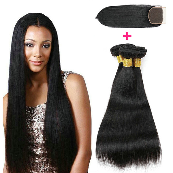 Musi 8A Peruvian Human Hair Straight Bundles with Closure 100% Virgin Human Hair Extension Straight Weave Bundles Natural Color