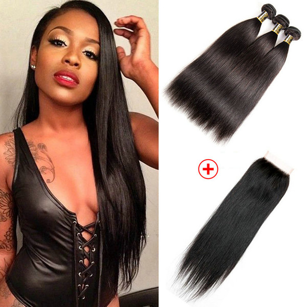 Hot selling Indian hair bundles ear to ear4*4lace closure with straight hair 3bundles100%virgin hair extension double weft