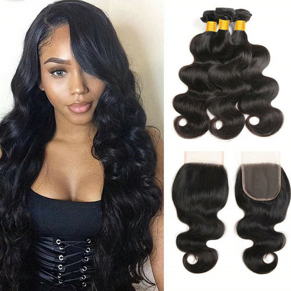 8A Virgin Malaysian Body Wave Bundles with Closure Human Hair 100% unrpocessed Human Hair Extension Natural Color Can Be Dyed