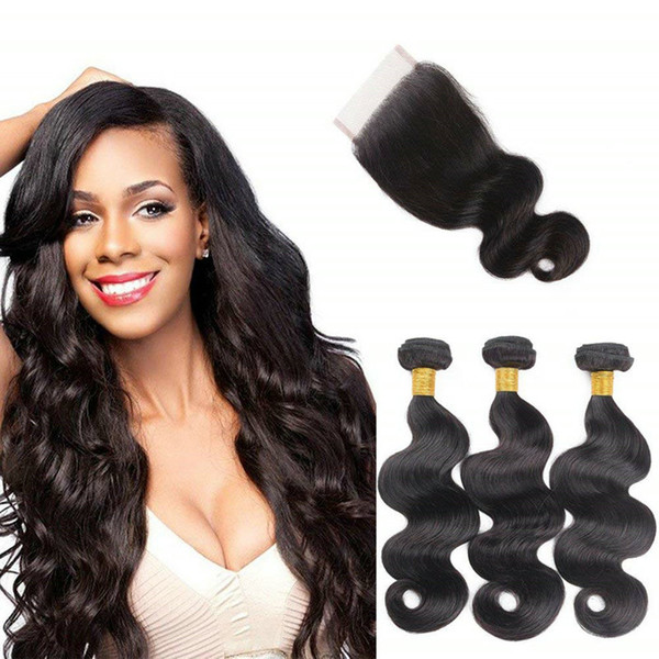 Musi 8A Peruvian Virgin Body Wave Bundles with Closure 100% unrpocessed Human Hair Extension Natural Color Can Be Dyed