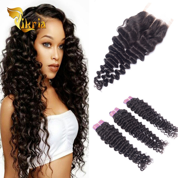 Deep Wave 100% Unprocessed Hair 3 Bundles Human Hair Wefts With 4x4 Lace Closure Natural Color Deep Wave Human Hair Wefts With Closure