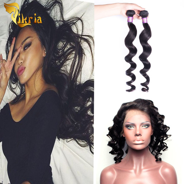 Factory Direct Sale Brazilian Indian Peruvian Malaysian Loose Wave 2 Pcs Human Hair Wefts With 360 Lace Frontal Natural Black Color