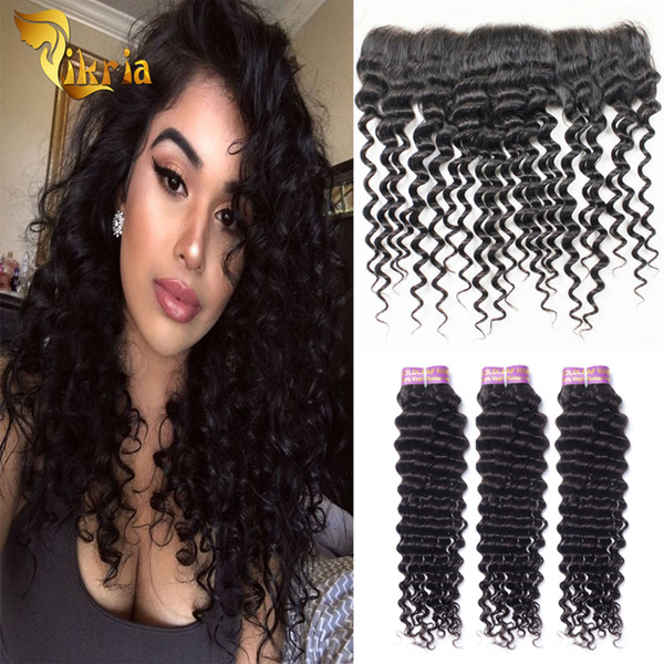 Deep Wave Brazilian Indian Peruvian Malaysian 3 Bundles Human Hair Wefts With 13x4 Lace Frontal Double Machine Weft Deep Wave Human Hair