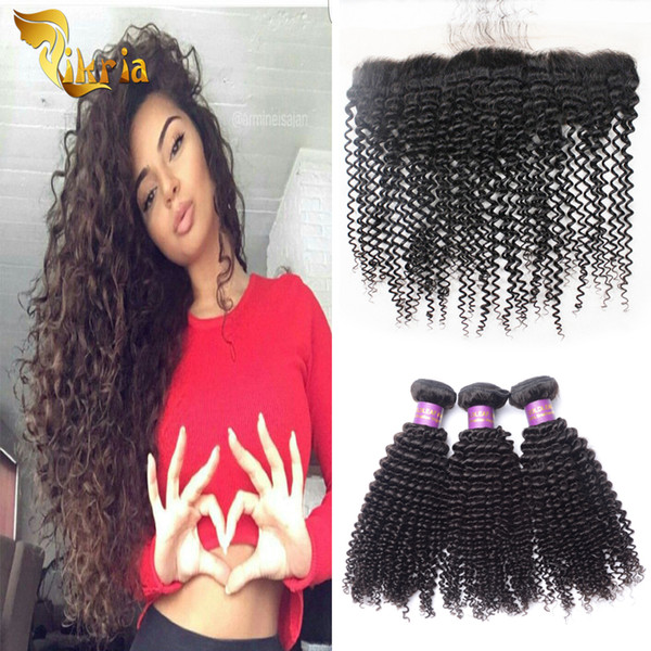 Mongolian Kinky Curly Brazilian Indian Peruvian Malaysian 3 Bundles Human Hair Wefts With 13x4 Lace Frontal 100% Mongolian Human Hair