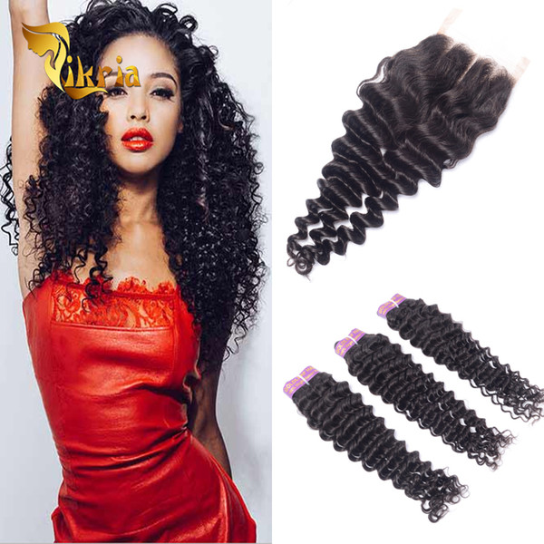 Brazilian Virgin Hair Deep Wave 3 Bundles With 4x4 Weaves Closure Indian Malaysian Peruvian Virgin Hair Deep Wave Corchet Hair Extensions