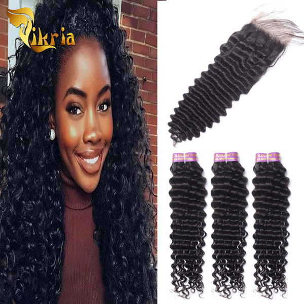 3 Bundles With 4x4 Weaves Closure Deep Curly Human Hair Brazilian Virgin Hair Indian Malaysian Peruvian Virgin Hair Extensions