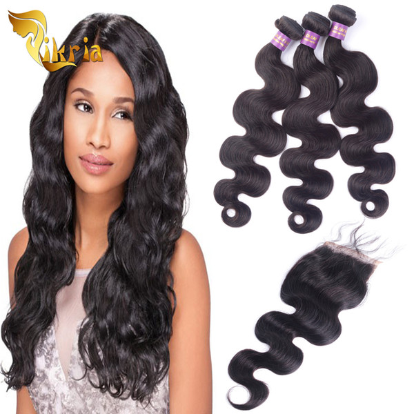 Brazilian Indian Malaysian Peruvian Virgin Hair 4x4 Lace Closures With 3 Bundles Hair Extensions Body Wave Human Hair Wefts with Closures