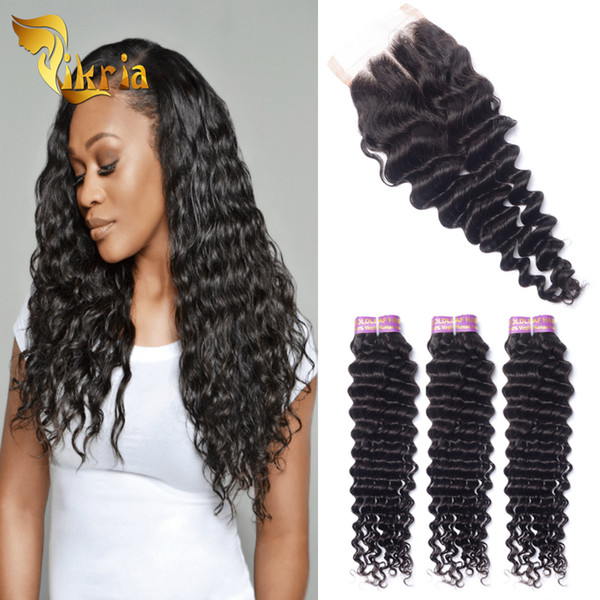 Hot Selling Brazilian Deep Wave 3 Extension Bundles With Swiss Lace Closure Unprocessed Peruvian Malaysian Indian Virgin Human Hair Wefts