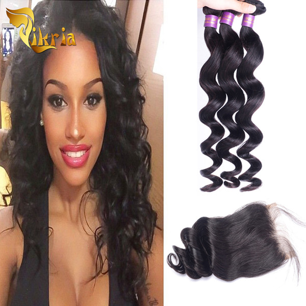 Brazilian Indian Malaysian Peruvian Virgin Hair Loose Wave 100% Unprocessed Human Hair 3 Bundles With Closure Can Be Dyed No Tangle