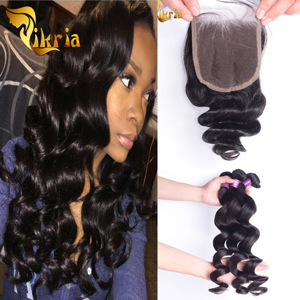 Brazilian Virgin Hair with closure Extensions 3 Bundles Malaysian Indian Peruvian Loose Wave With 4x4 Lace Closure Unprocessed Human Hair