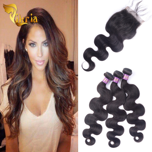 Hot Selling Body Wave Indian Peruvian Malaysian Brazilian 3 Pcs Human Hair Wefts With 4x4 Lace Closure Machine Double Wefts