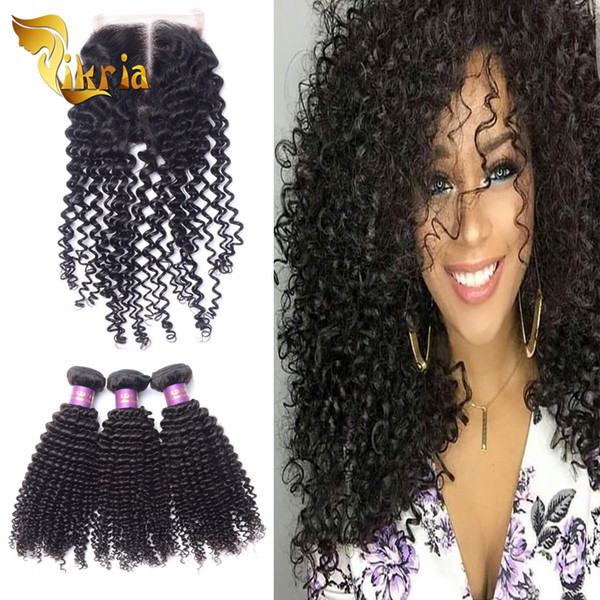 Top Quality Mongolian Kinky Curly Brazilian Indian Malaysian 3 Bundles Weave Human Hair Wefts With 4x4 Lace Closure Natural Black Color