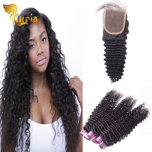 Brazilian Indian Hair Weave Deep Curly Human Hair Bundle With Lace Closure Best Quality Peruvian Virgin Hair Wefts Dyeable 