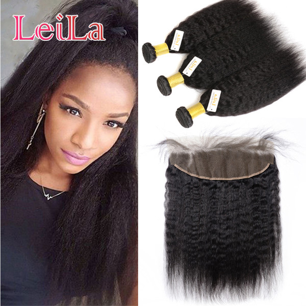 13x4 Lace Frontal Closure With 3 Bundles Pre Plucked kinky Straight 4Pieces/lot Indian Human Hair Kinky Yaki Virgin Hair Natural Color