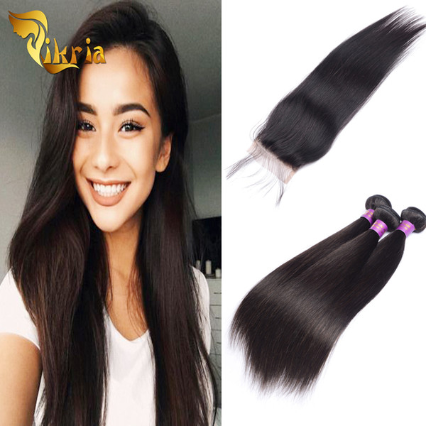 Straight Brazilian Indian Peruvian Malaysian Hair Virgin Unprocessed 3 Human Hair Wefts And 4x4 Lace Closure Human Hair Weave Bundles