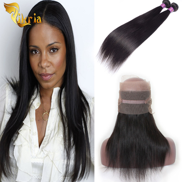 2pcs Indian Malaysian Brazilian Human Hair Wefts With 360 Lace Frontal Closure Natural Hairline Peruvian Straight Human Hair Extensions